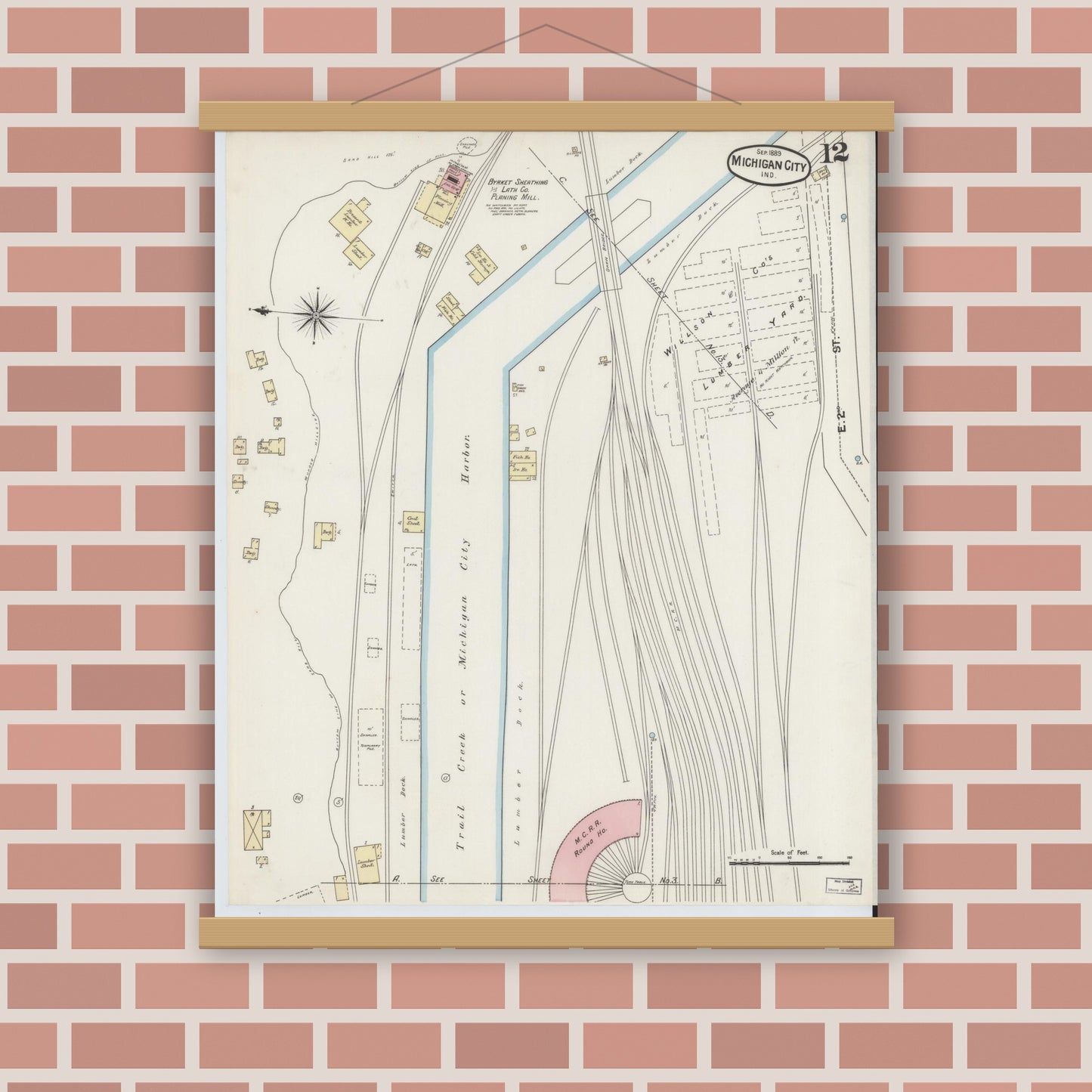 Old map wall art mockup — magnetic wood frame on brick wall — Sanborn Fire Insurance Map from Michigan City, La Porte County, Indiana (1889), Sheet #0012