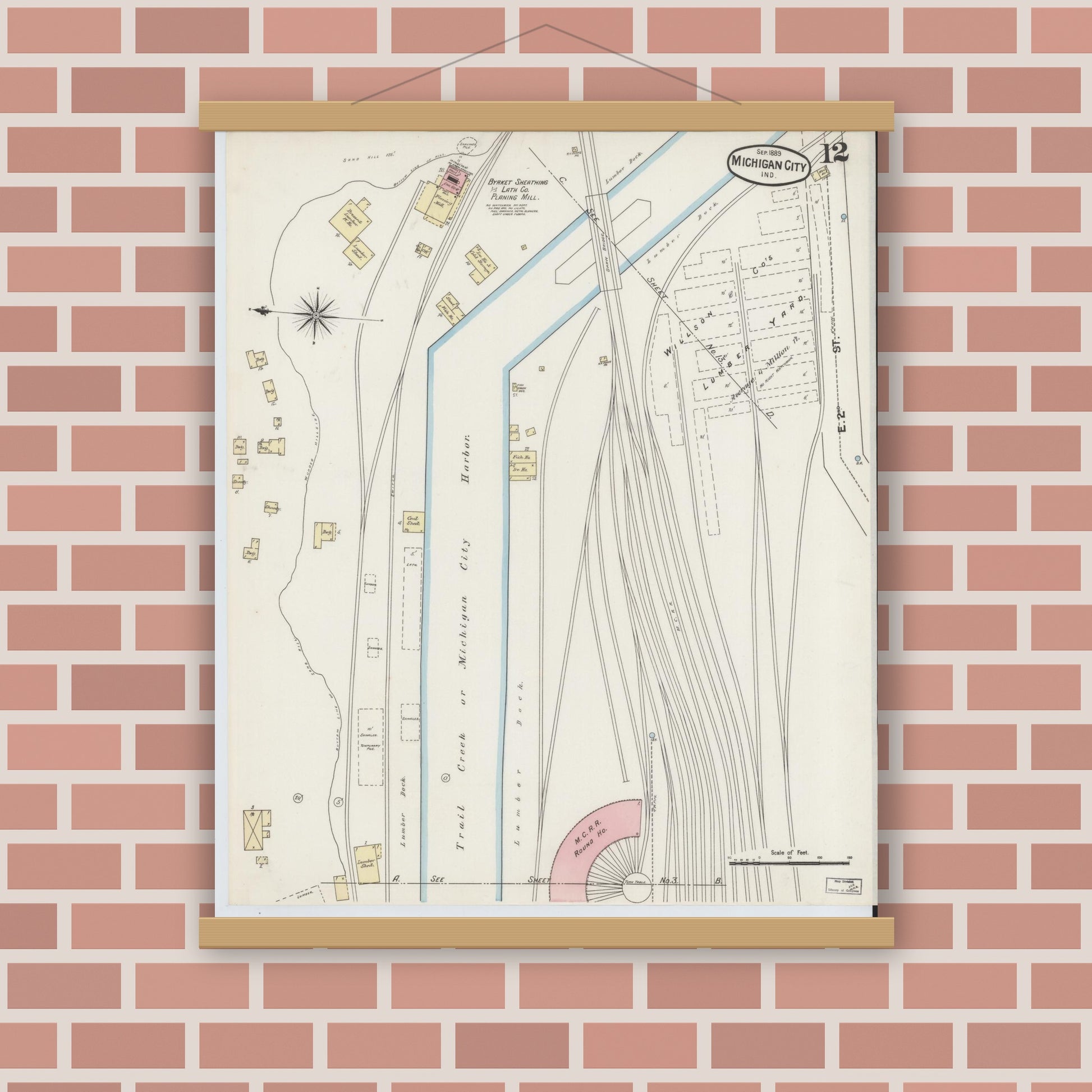Old map wall art mockup — magnetic wood frame on brick wall — Sanborn Fire Insurance Map from Michigan City, La Porte County, Indiana (1889), Sheet #0012