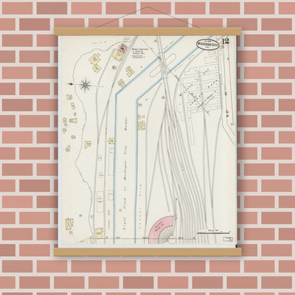 Old map wall art mockup — magnetic wood frame on brick wall — Sanborn Fire Insurance Map from Michigan City, La Porte County, Indiana (1889), Sheet #0012