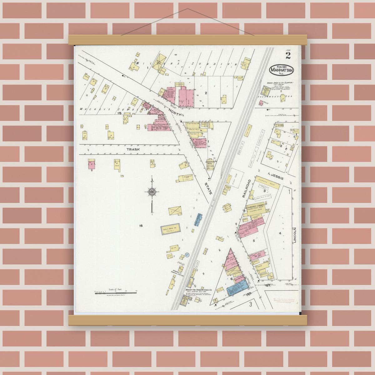 Old map wall art mockup — magnetic wood frame on brick wall — Sanborn Fire Insurance Map from Manhattan, Will County, Illinois (1921), Sheet #0002