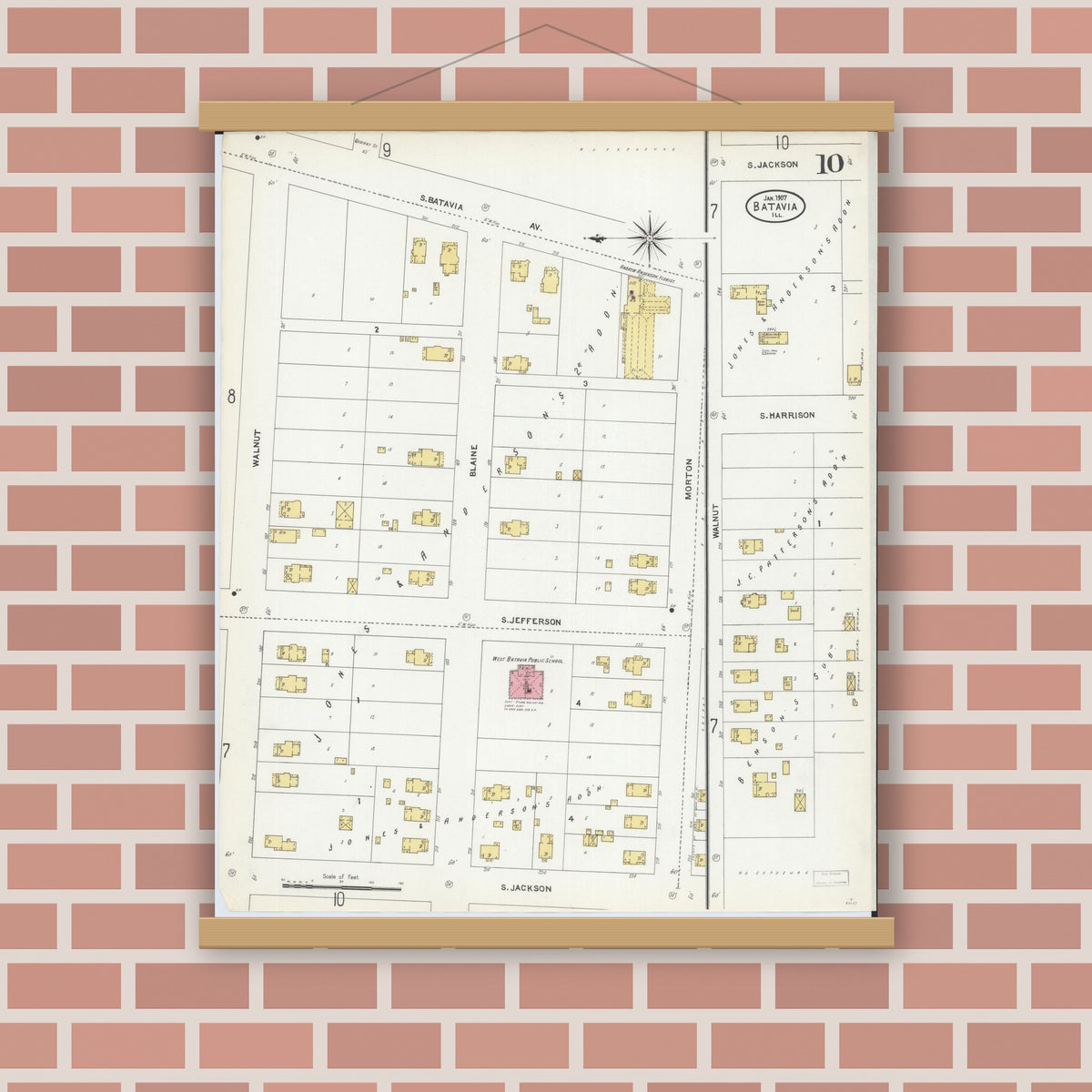 Old map wall art mockup — magnetic wood frame on brick wall — Sanborn Fire Insurance Map from Batavia, Kane County, Illinois (1907), Sheet #0010