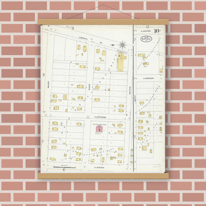 Old map wall art mockup — magnetic wood frame on brick wall — Sanborn Fire Insurance Map from Batavia, Kane County, Illinois (1907), Sheet #0010