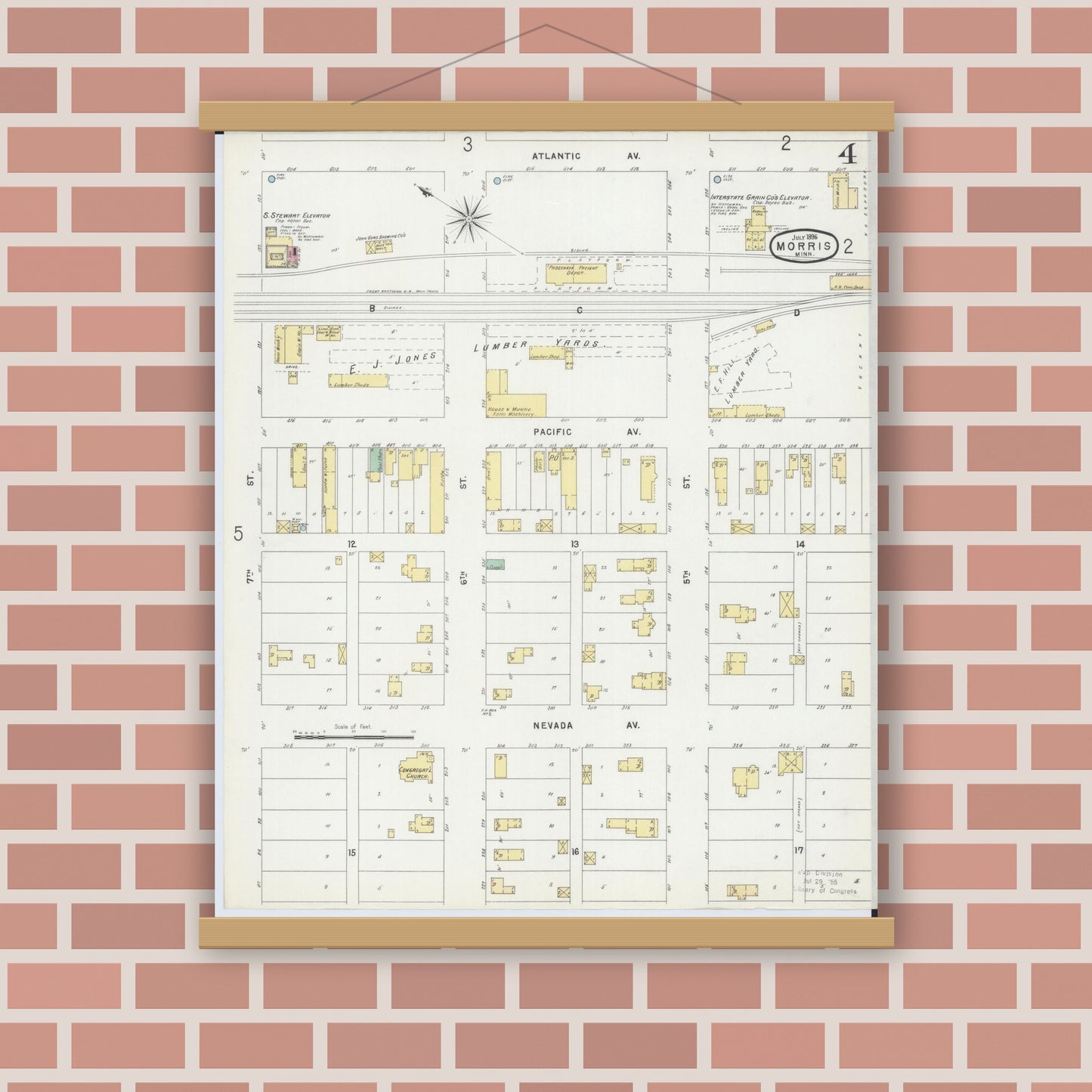Old map wall art mockup — magnetic wood frame on brick wall — Sanborn Fire Insurance Map from Morris, Stevens County, Minnesota (1896), Sheet #0004