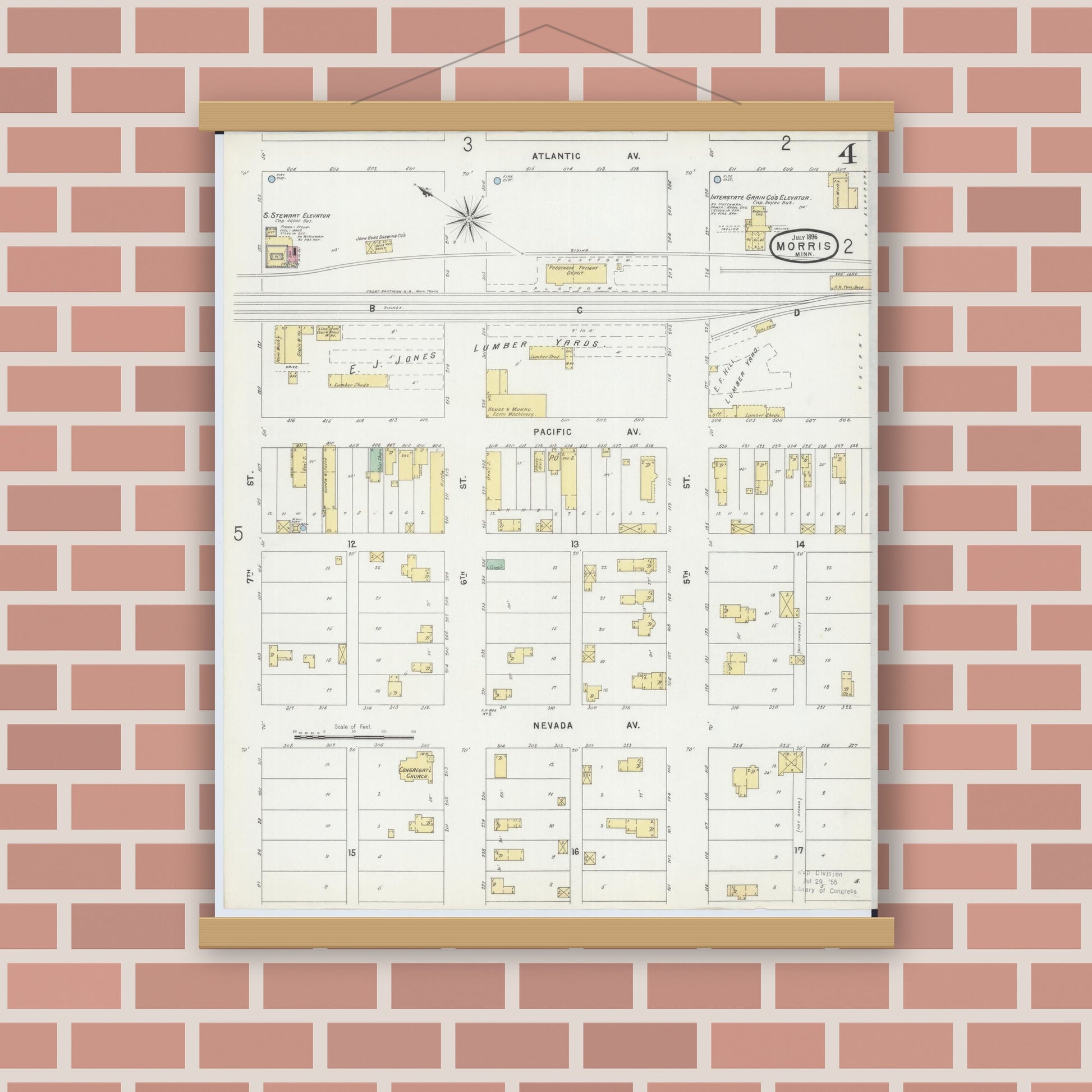 Old map wall art mockup — magnetic wood frame on brick wall — Sanborn Fire Insurance Map from Morris, Stevens County, Minnesota (1896), Sheet #0004