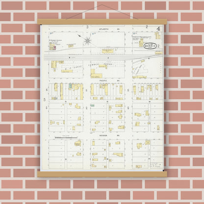 Old map wall art mockup — magnetic wood frame on brick wall — Sanborn Fire Insurance Map from Morris, Stevens County, Minnesota (1896), Sheet #0004