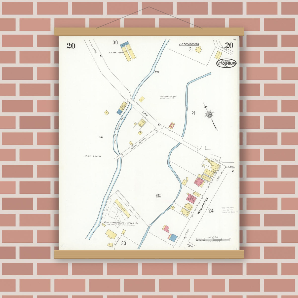 Old map wall art mockup — magnetic wood frame on brick wall — Sanborn Fire Insurance Map from Stroudsburg, Monroe County, Pennsylvania (1923), Sheet #0020