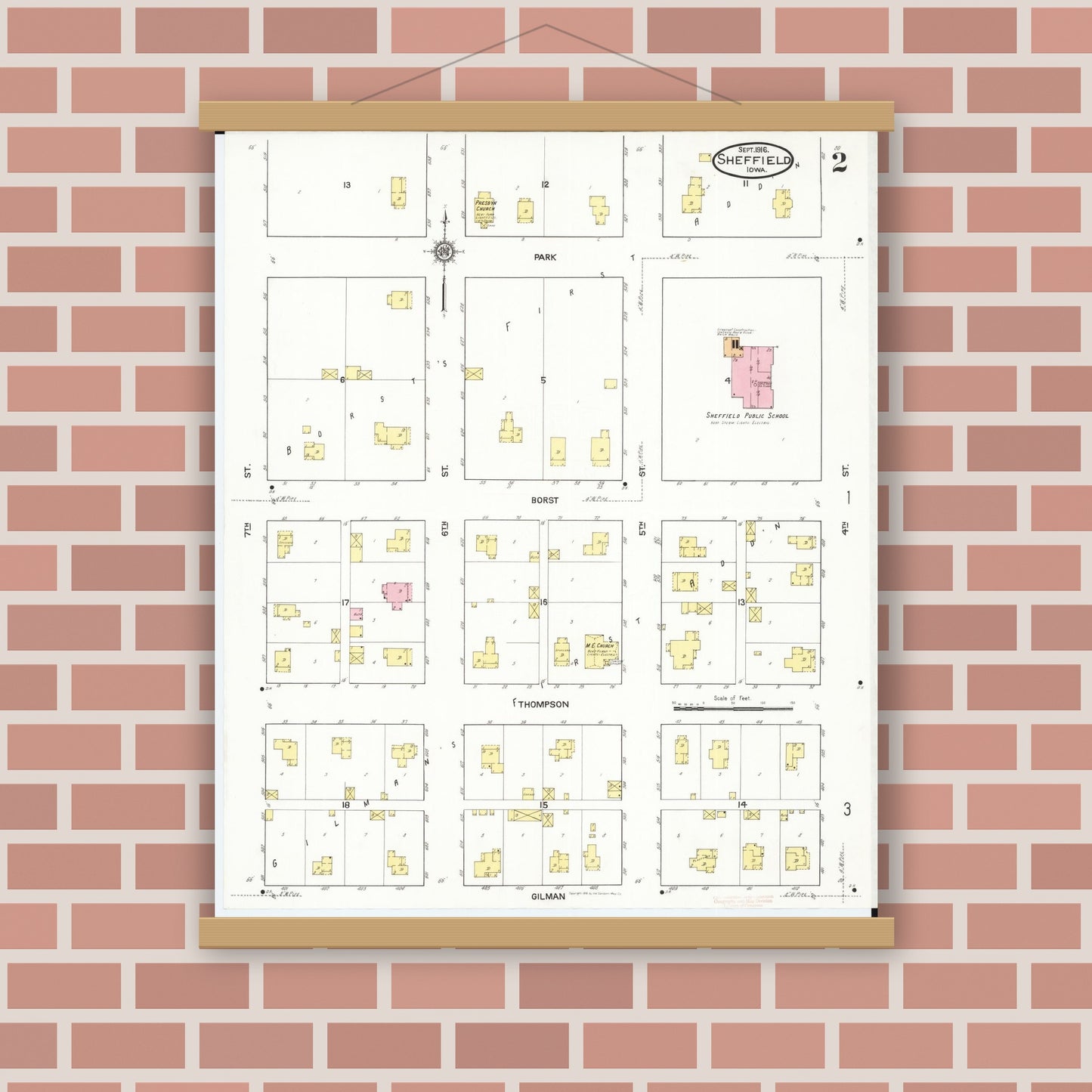 Old map wall art mockup — magnetic wood frame on brick wall — Sanborn Fire Insurance Map from Sheffield, Franklin County, Iowa (1916), Sheet #0002