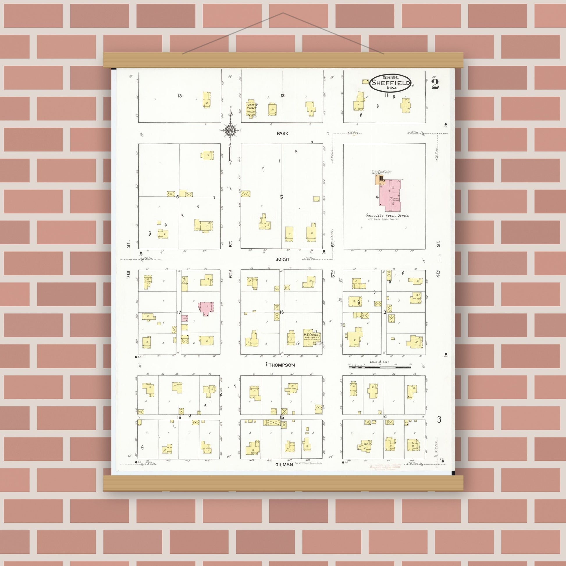 Old map wall art mockup — magnetic wood frame on brick wall — Sanborn Fire Insurance Map from Sheffield, Franklin County, Iowa (1916), Sheet #0002