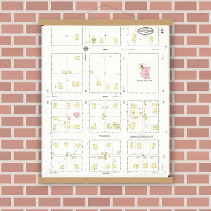 Old map wall art mockup — magnetic wood frame on brick wall — Sanborn Fire Insurance Map from Sheffield, Franklin County, Iowa (1916), Sheet #0002