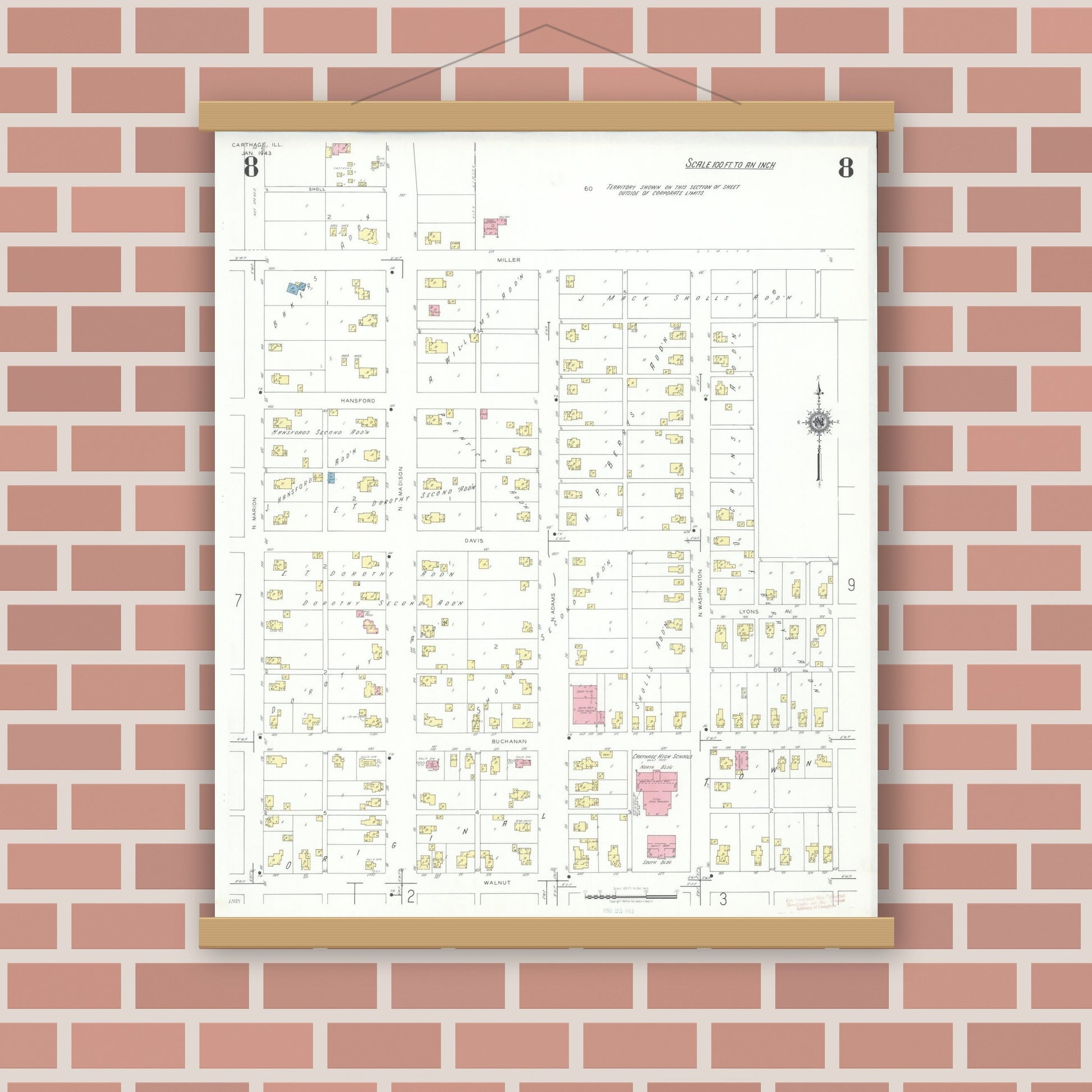 Old map wall art mockup — magnetic wood frame on brick wall — Sanborn Fire Insurance Map from Carthage, Hancock County, Illinois (1943), Sheet #0008