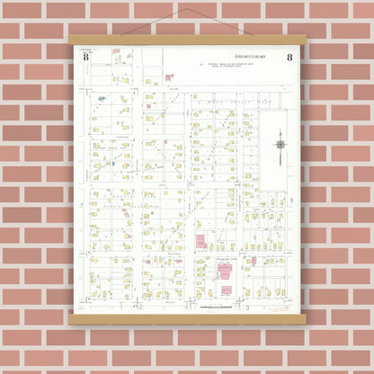 Old map wall art mockup — magnetic wood frame on brick wall — Sanborn Fire Insurance Map from Carthage, Hancock County, Illinois (1943), Sheet #0008