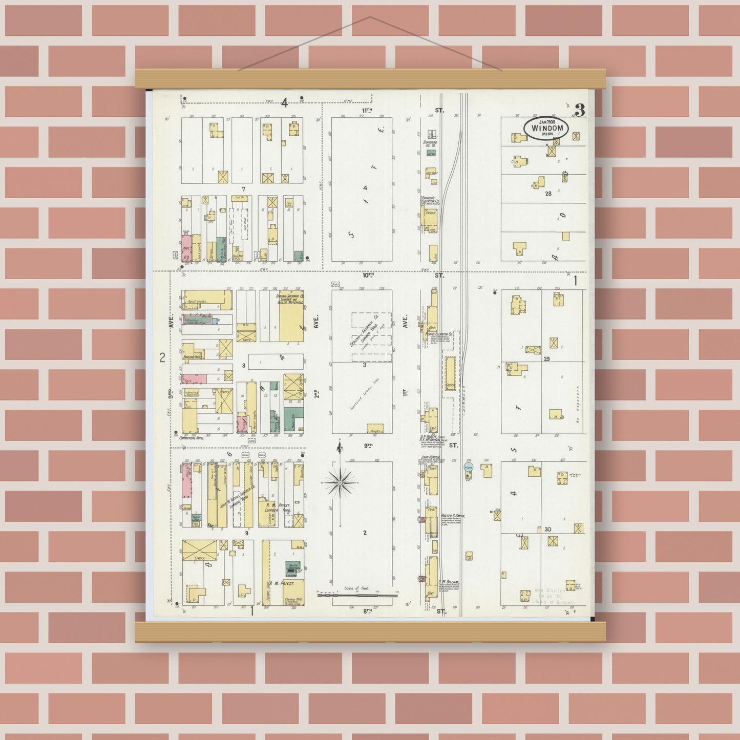 Old map wall art mockup — magnetic wood frame on brick wall — Sanborn Fire Insurance Map from Windom, Cottonwood County, Minnesota (1900), Sheet #0003