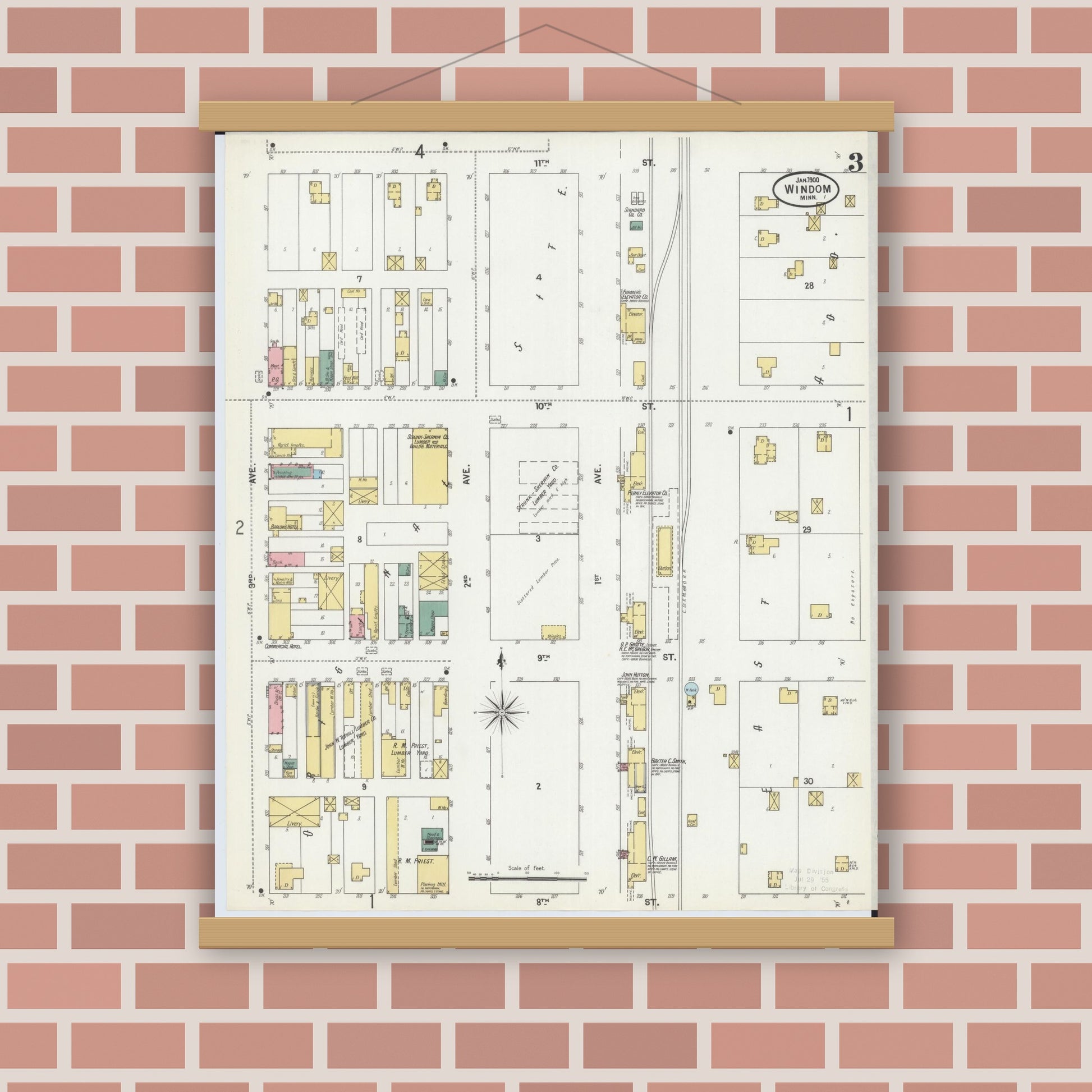 Old map wall art mockup — magnetic wood frame on brick wall — Sanborn Fire Insurance Map from Windom, Cottonwood County, Minnesota (1900), Sheet #0003