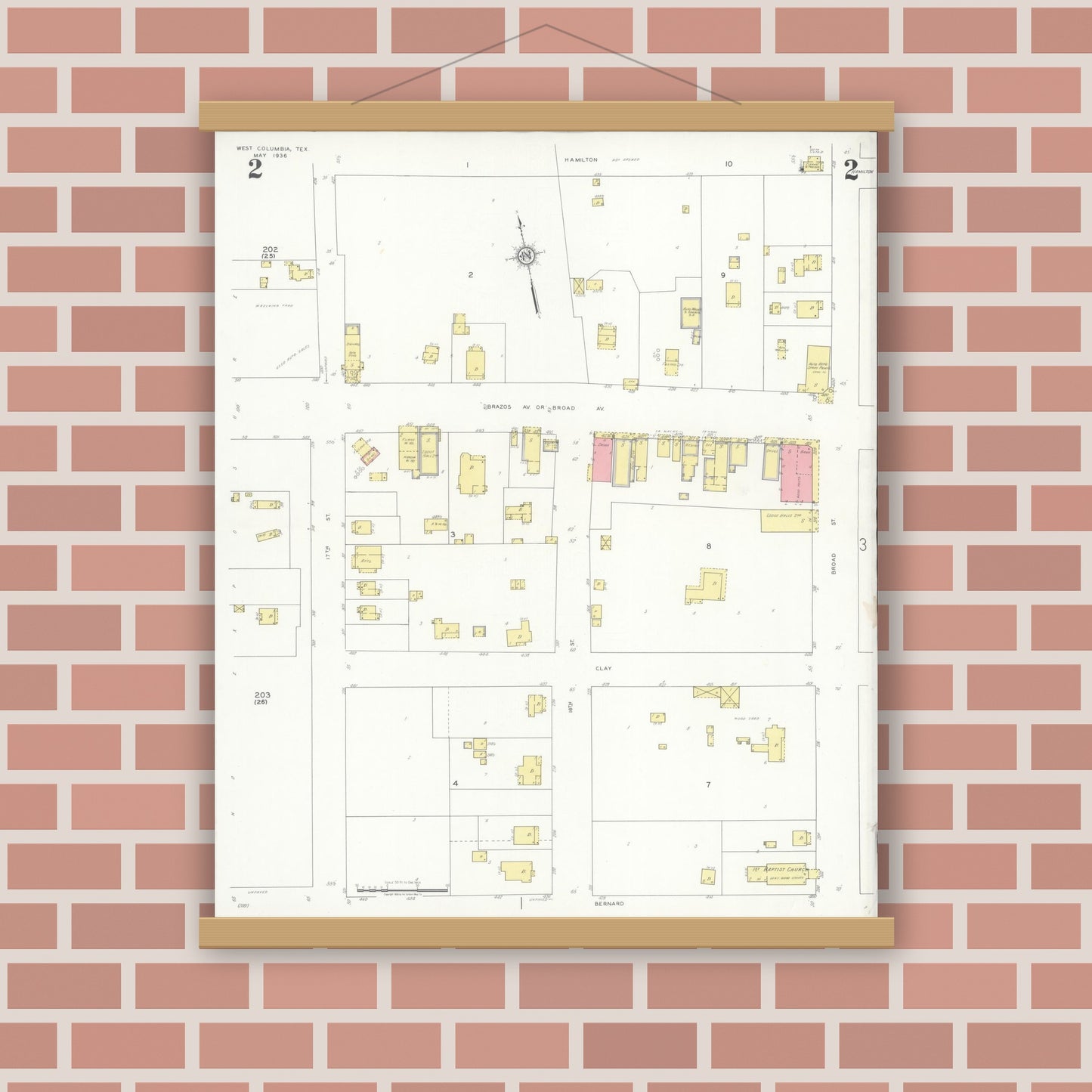 Old map wall art mockup — magnetic wood frame on brick wall — Sanborn Fire Insurance Map from West Columbia, Brazoria County, Texas (1936), Sheet #0002