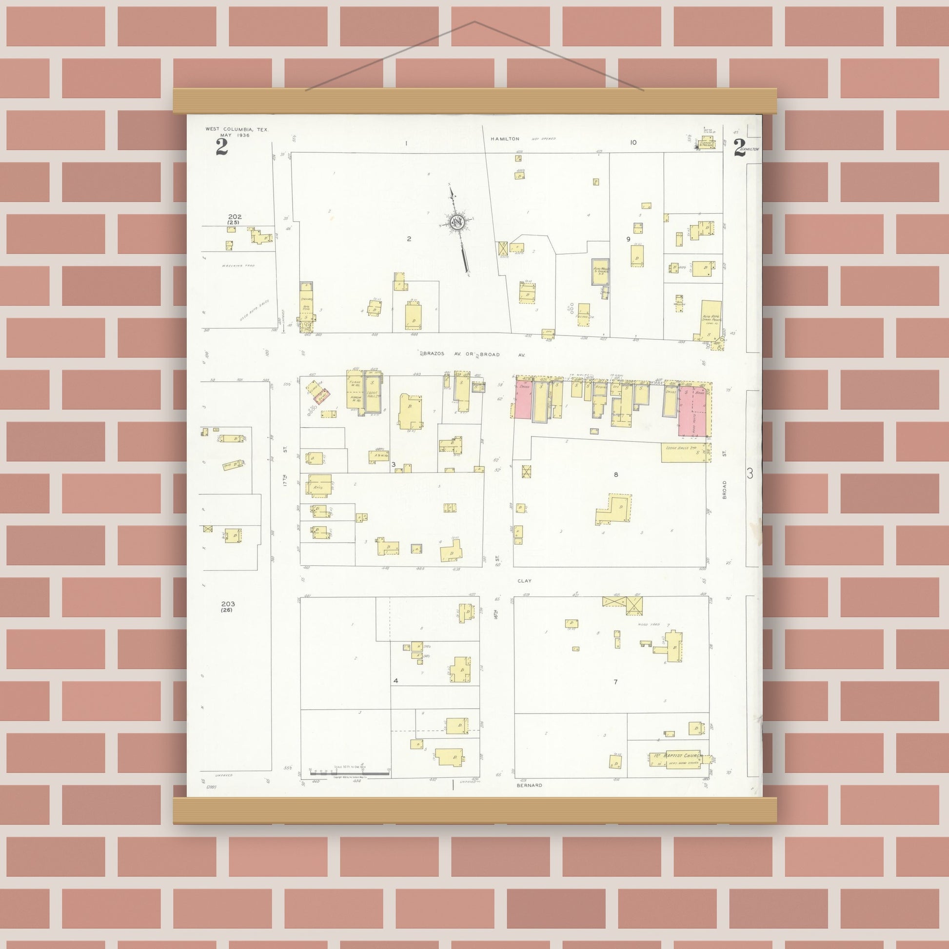Old map wall art mockup — magnetic wood frame on brick wall — Sanborn Fire Insurance Map from West Columbia, Brazoria County, Texas (1936), Sheet #0002