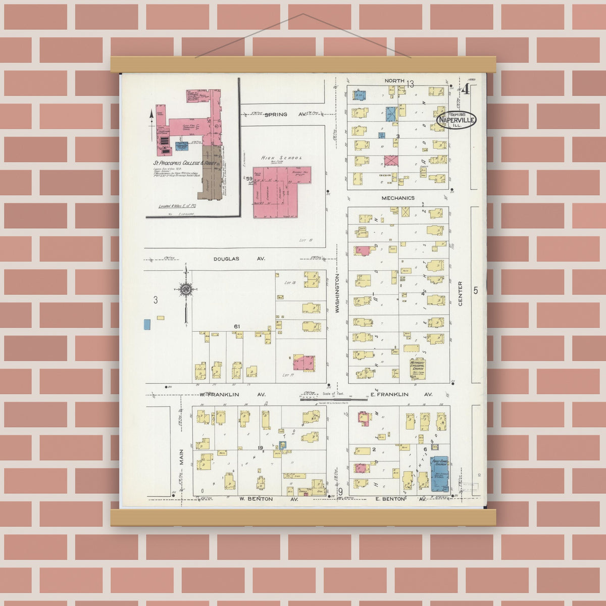 Old map wall art mockup — magnetic wood frame on brick wall — Sanborn Fire Insurance Map from Naperville, Du Page County, Illinois (1921), Sheet #0004