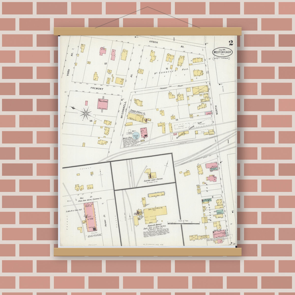 Old map wall art mockup — magnetic wood frame on brick wall — Sanborn Fire Insurance Map from West Chicago, Du Page County, Illinois (1898), Sheet #0002