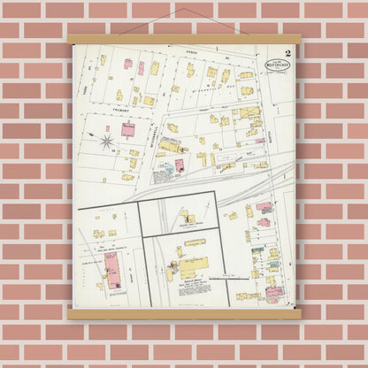 Old map wall art mockup — magnetic wood frame on brick wall — Sanborn Fire Insurance Map from West Chicago, Du Page County, Illinois (1898), Sheet #0002