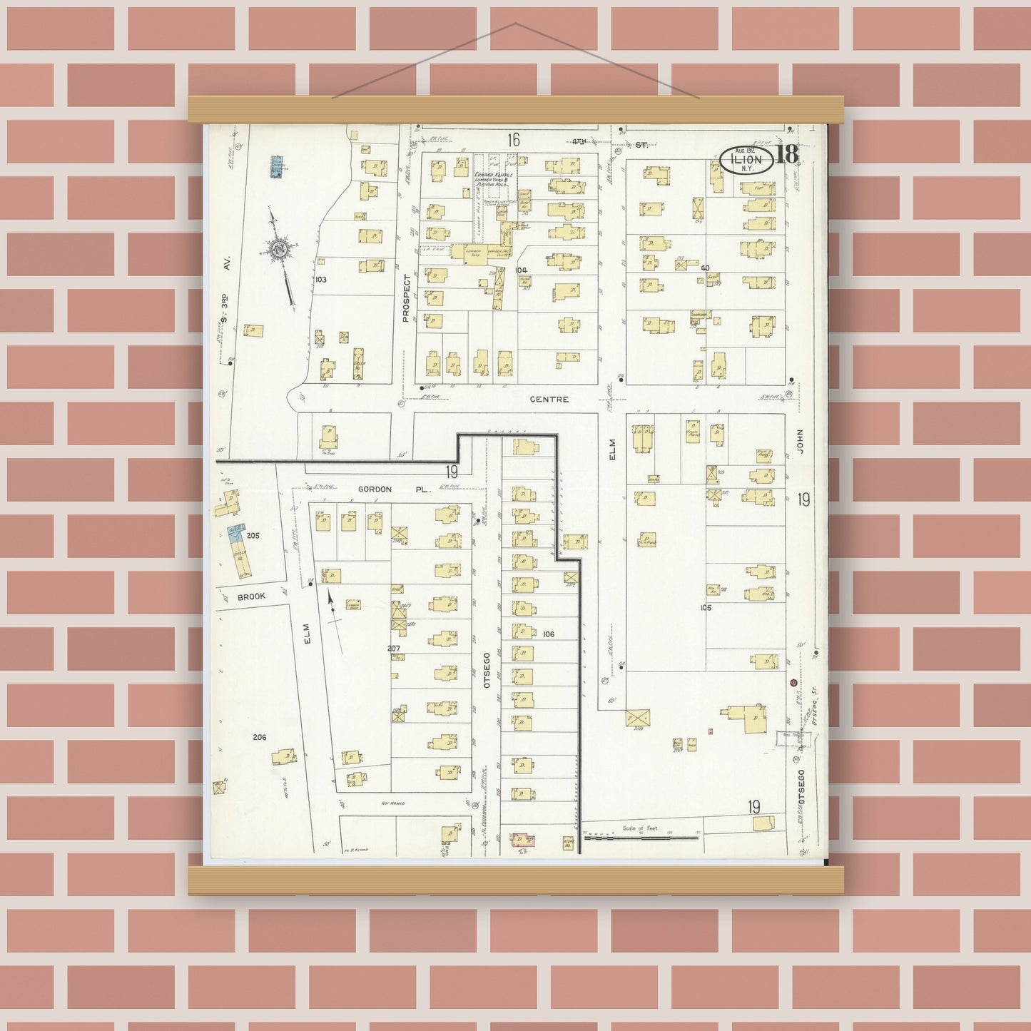 Old map wall art mockup — magnetic wood frame on brick wall — Sanborn Fire Insurance Map from Ilion, Herkimer County, New York (1912), Sheet #0018