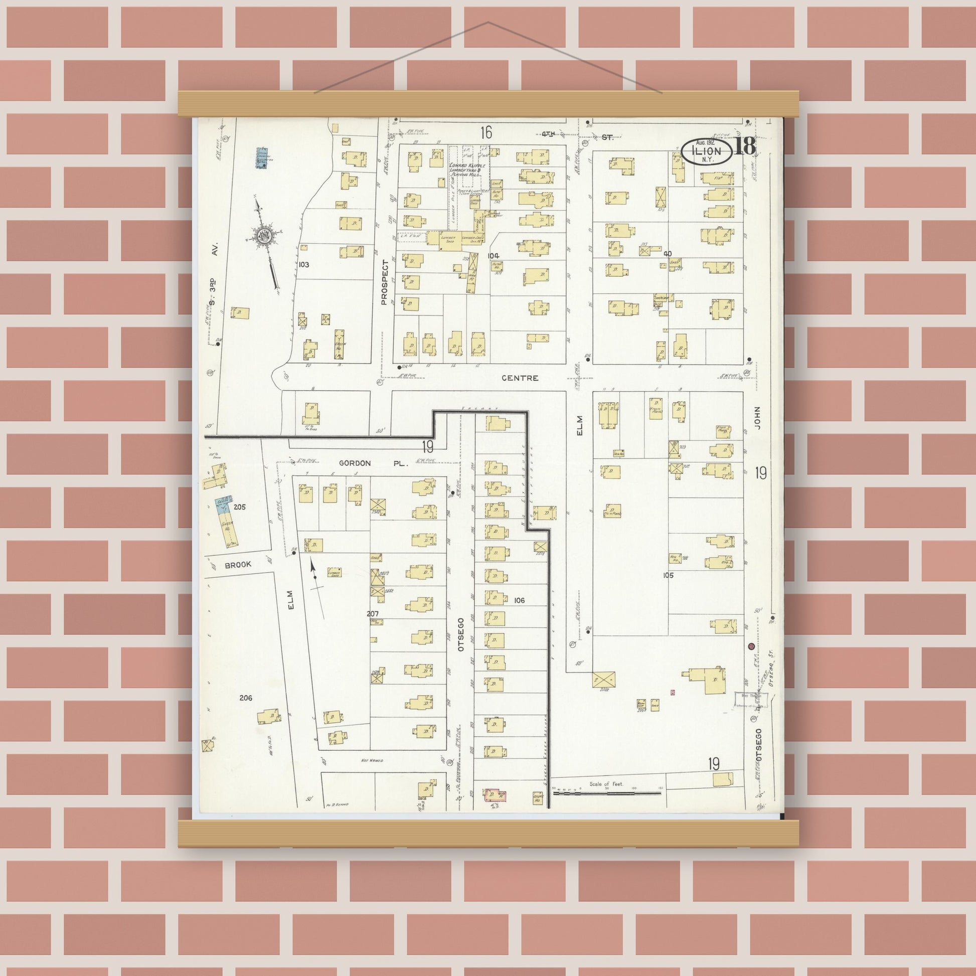 Old map wall art mockup — magnetic wood frame on brick wall — Sanborn Fire Insurance Map from Ilion, Herkimer County, New York (1912), Sheet #0018