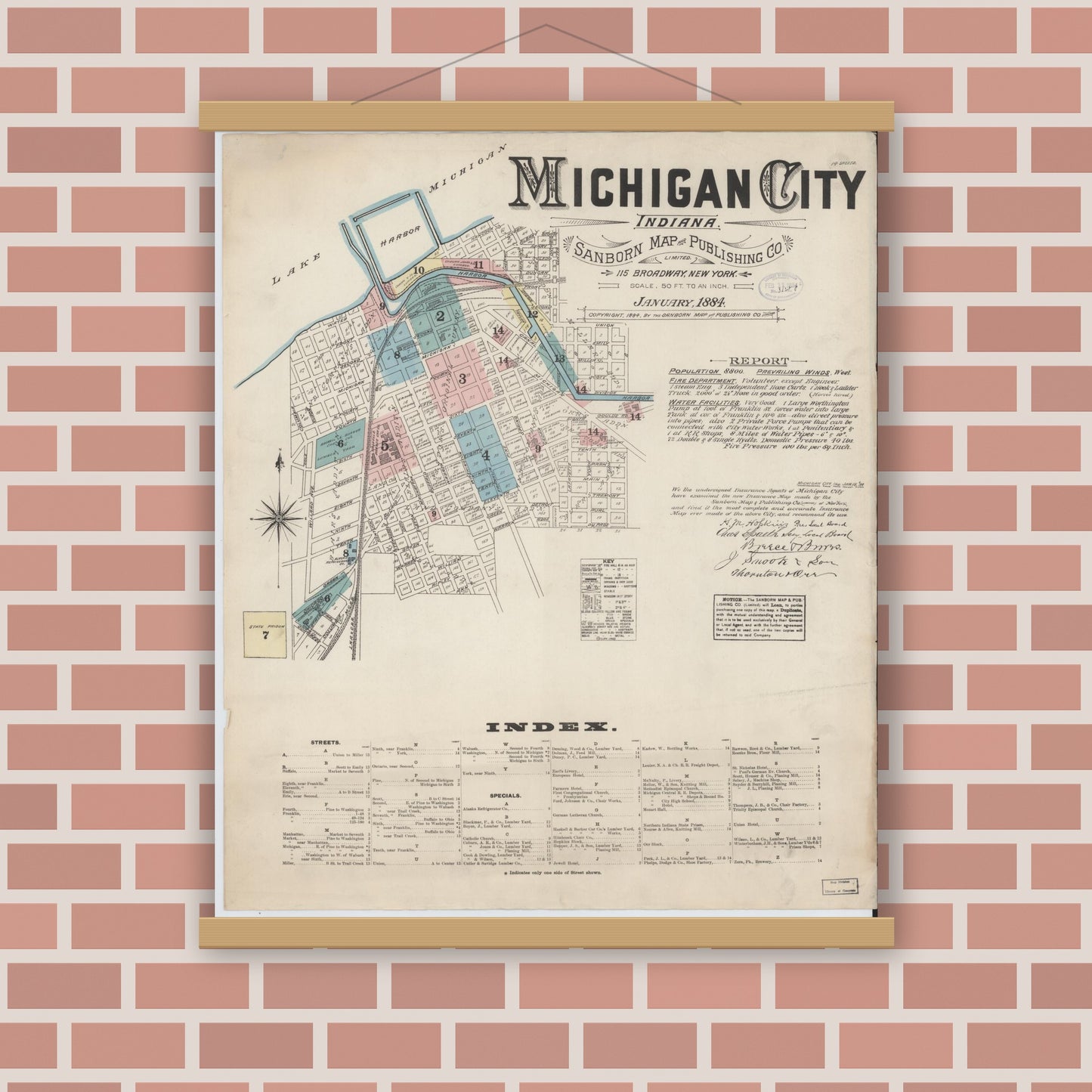 Old map wall art mockup — magnetic wood frame on brick wall — Sanborn Fire Insurance Map from Michigan City, La Porte  County, Indiana (1884) - Complete Map Set