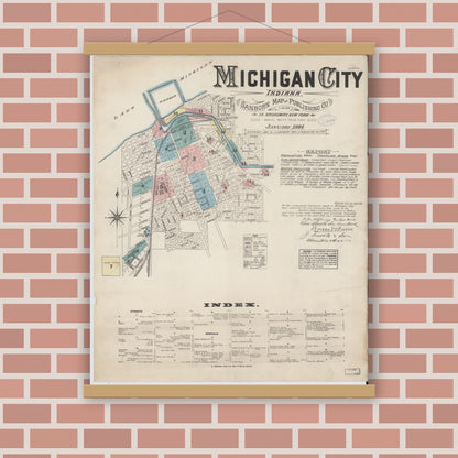 Old map wall art mockup — magnetic wood frame on brick wall — Sanborn Fire Insurance Map from Michigan City, La Porte  County, Indiana (1884) - Complete Map Set