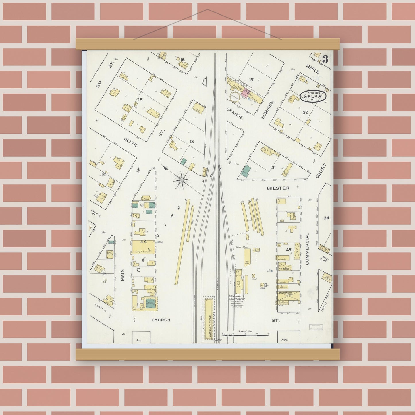 Old map wall art mockup — magnetic wood frame on brick wall — Sanborn Fire Insurance Map from Galva, Henry County, Illinois (1892), Sheet #0003