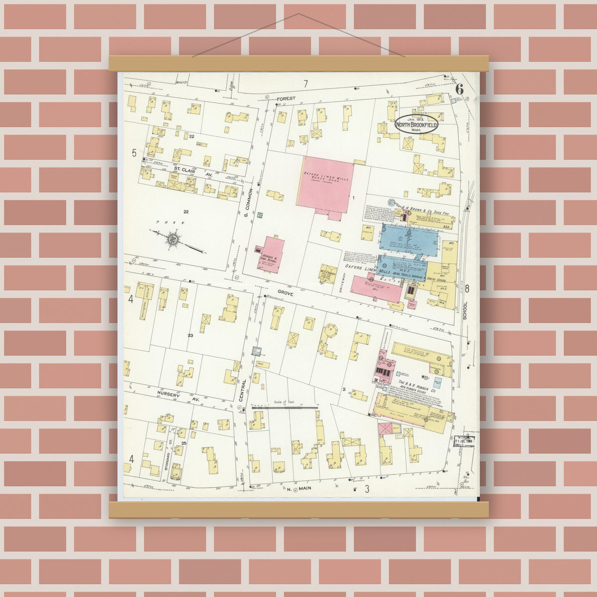 Old map wall art mockup — magnetic wood frame on brick wall — Sanborn Fire Insurance Map from North Brookfield, Worcester County, Massachusetts (1913), Sheet #0006