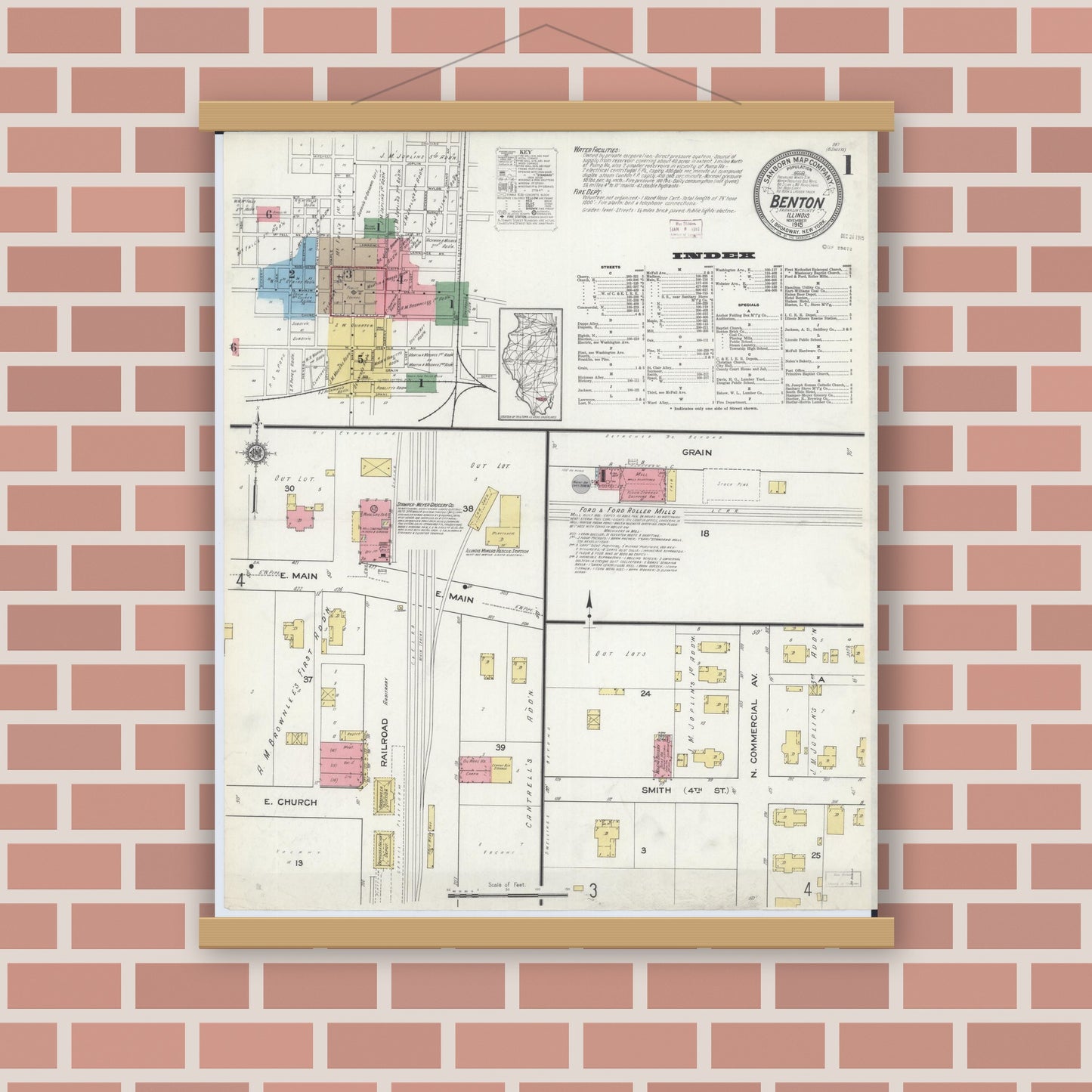 Old map wall art mockup — magnetic wood frame on brick wall — Sanborn Fire Insurance Map from Benton, Franklin County, Illinois (1915) - Complete Map Set