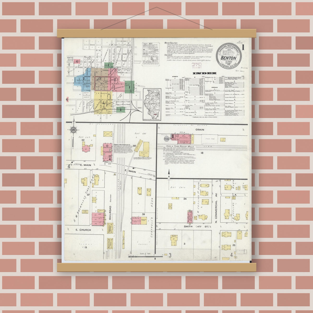 Old map wall art mockup — magnetic wood frame on brick wall — Sanborn Fire Insurance Map from Benton, Franklin County, Illinois (1915) - Complete Map Set