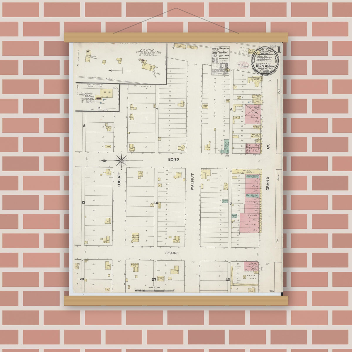 Old map wall art mockup — magnetic wood frame on brick wall — Sanborn Fire Insurance Map from Whitewright, Grayson County, Texas (1891), Sheet #0001