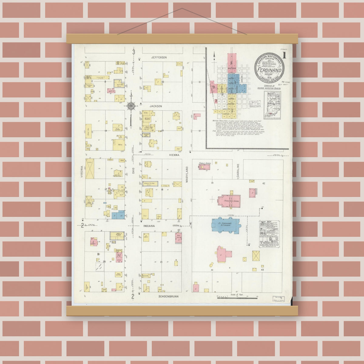 Old map wall art mockup — magnetic wood frame on brick wall — Sanborn Fire Insurance Map from Ferdinand, Dubois County, Indiana (1916), Sheet #0001