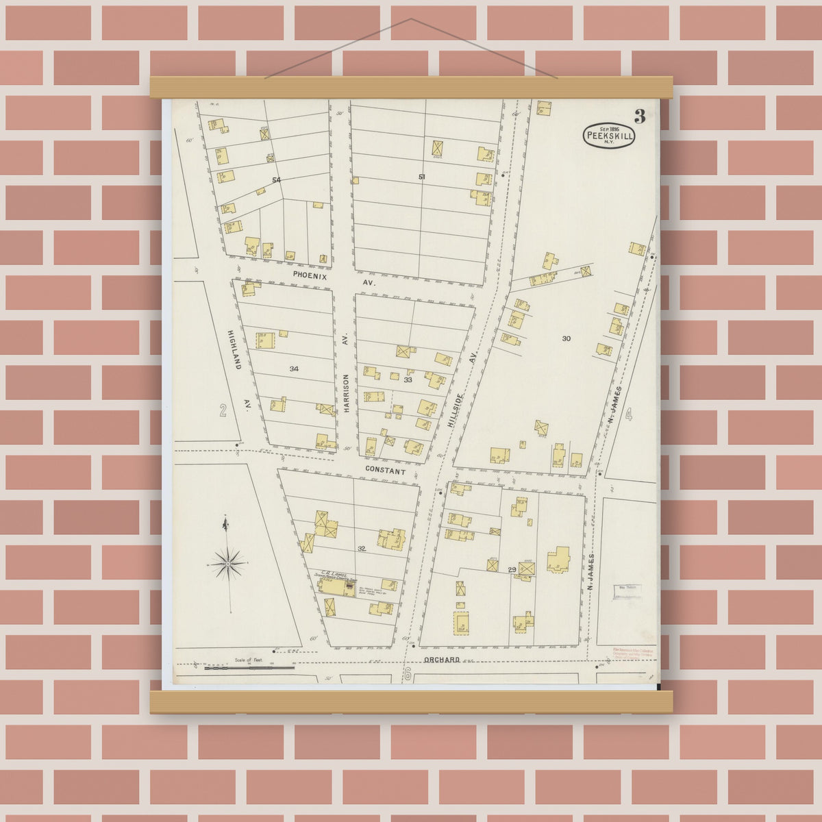 Old map wall art mockup — magnetic wood frame on brick wall — Sanborn Fire Insurance Map from Peekskill, Westchester County, New York (1895), Sheet #0003