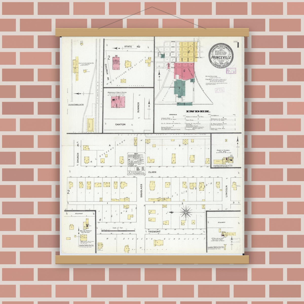 Old map wall art mockup — magnetic wood frame on brick wall — Sanborn Fire Insurance Map from Princeville, Peoria County, Illinois (1909), Sheet #0001