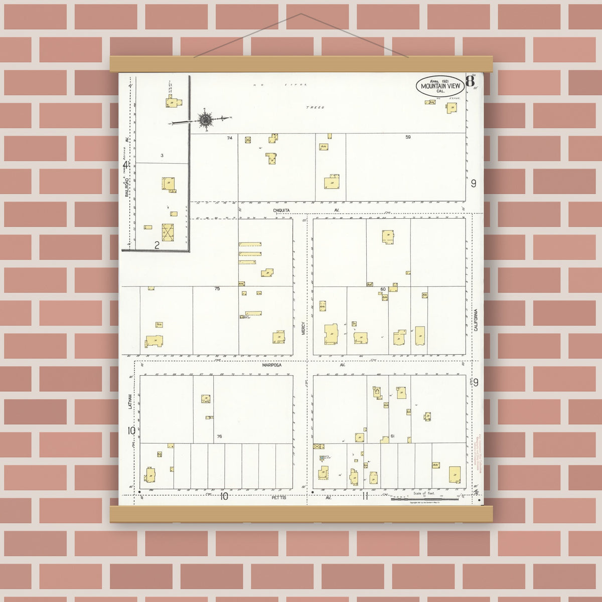 Old map wall art mockup — magnetic wood frame on brick wall — Sanborn Fire Insurance Map from Mountain View, Santa Clara County, California (1921), Sheet #0008
