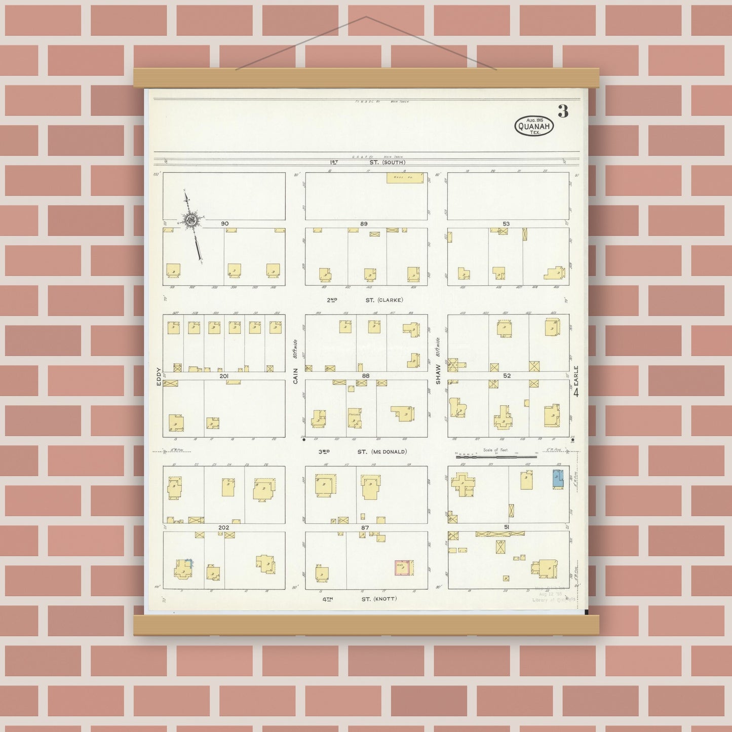 Old map wall art mockup — magnetic wood frame on brick wall — Sanborn Fire Insurance Map from Quanah, Hardeman County, Texas (1915), Sheet #0003