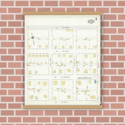 Old map wall art mockup — magnetic wood frame on brick wall — Sanborn Fire Insurance Map from Quanah, Hardeman County, Texas (1915), Sheet #0003