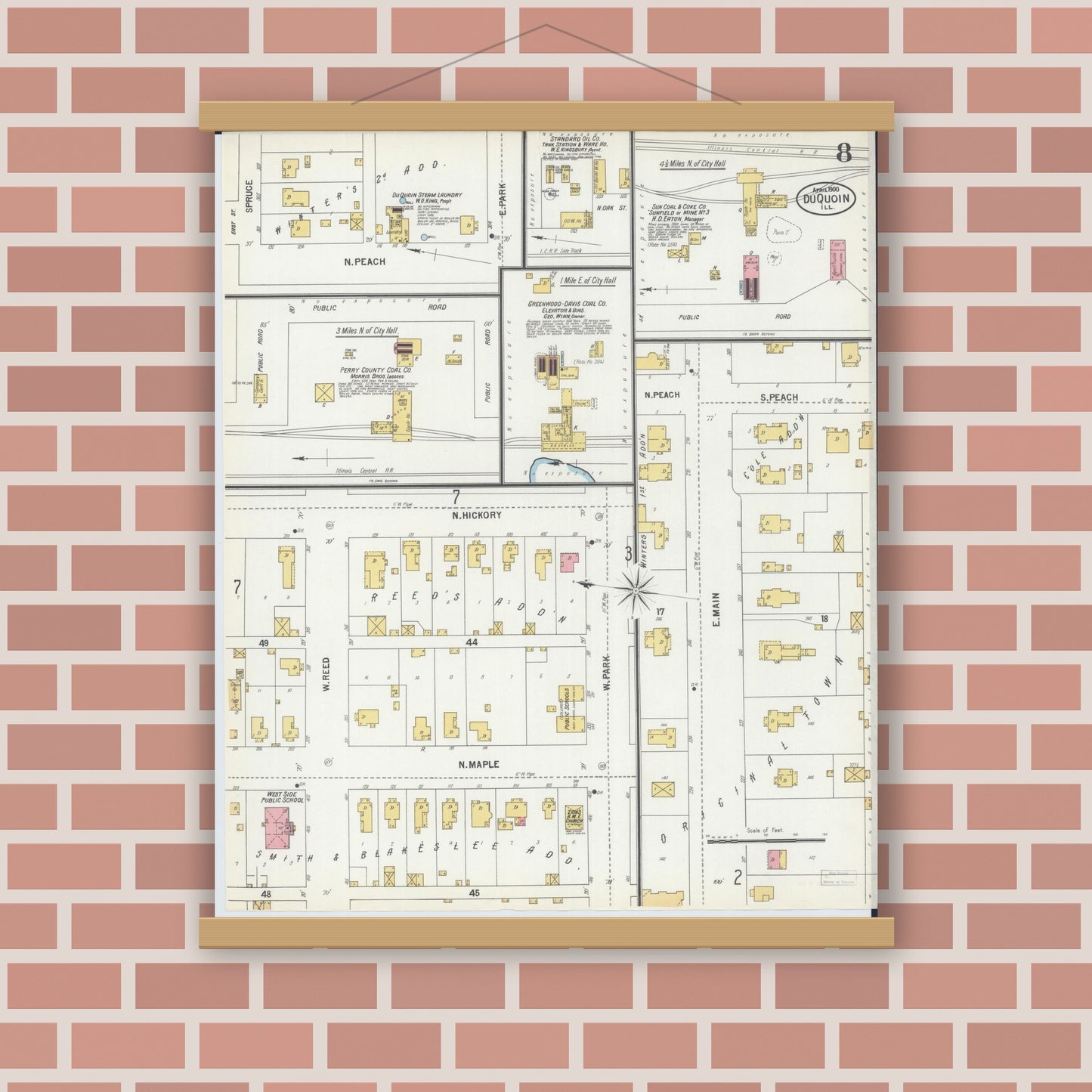 Old map wall art mockup — magnetic wood frame on brick wall — Sanborn Fire Insurance Map from Du Quoin, Perry County, Illinois (1900), Sheet #0008