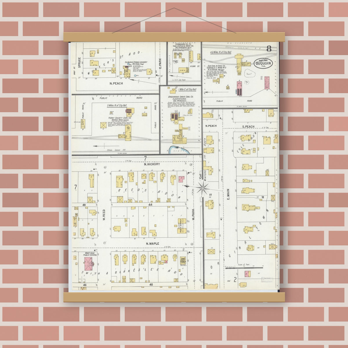 Old map wall art mockup — magnetic wood frame on brick wall — Sanborn Fire Insurance Map from Du Quoin, Perry County, Illinois (1900), Sheet #0008