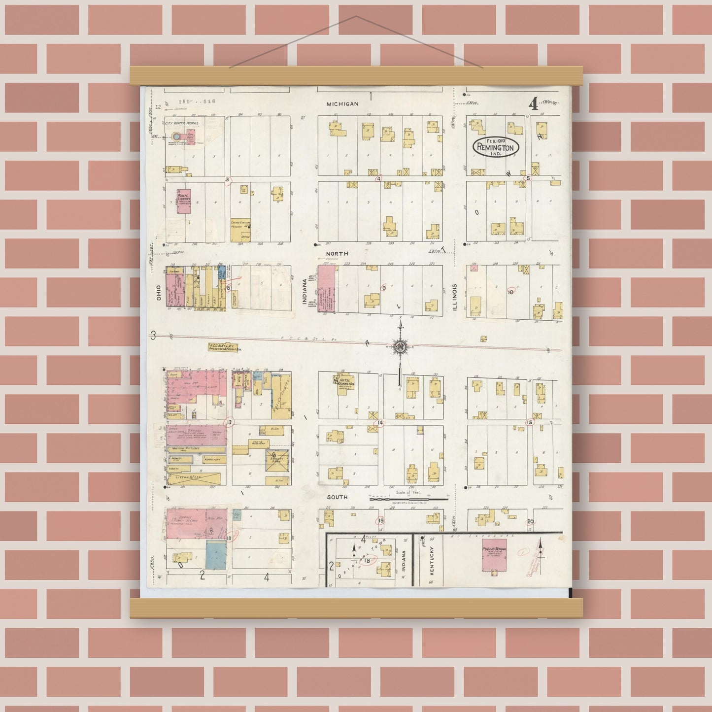Old map wall art mockup — magnetic wood frame on brick wall — Sanborn Fire Insurance Map from Remington, Jasper County, Indiana (1932), Sheet #0004