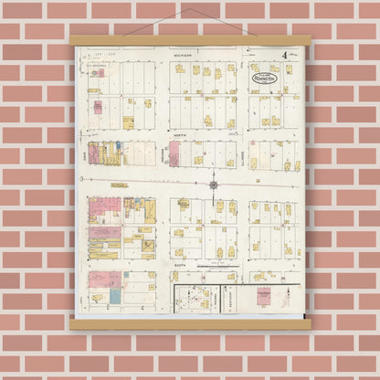 Old map wall art mockup — magnetic wood frame on brick wall — Sanborn Fire Insurance Map from Remington, Jasper County, Indiana (1932), Sheet #0004
