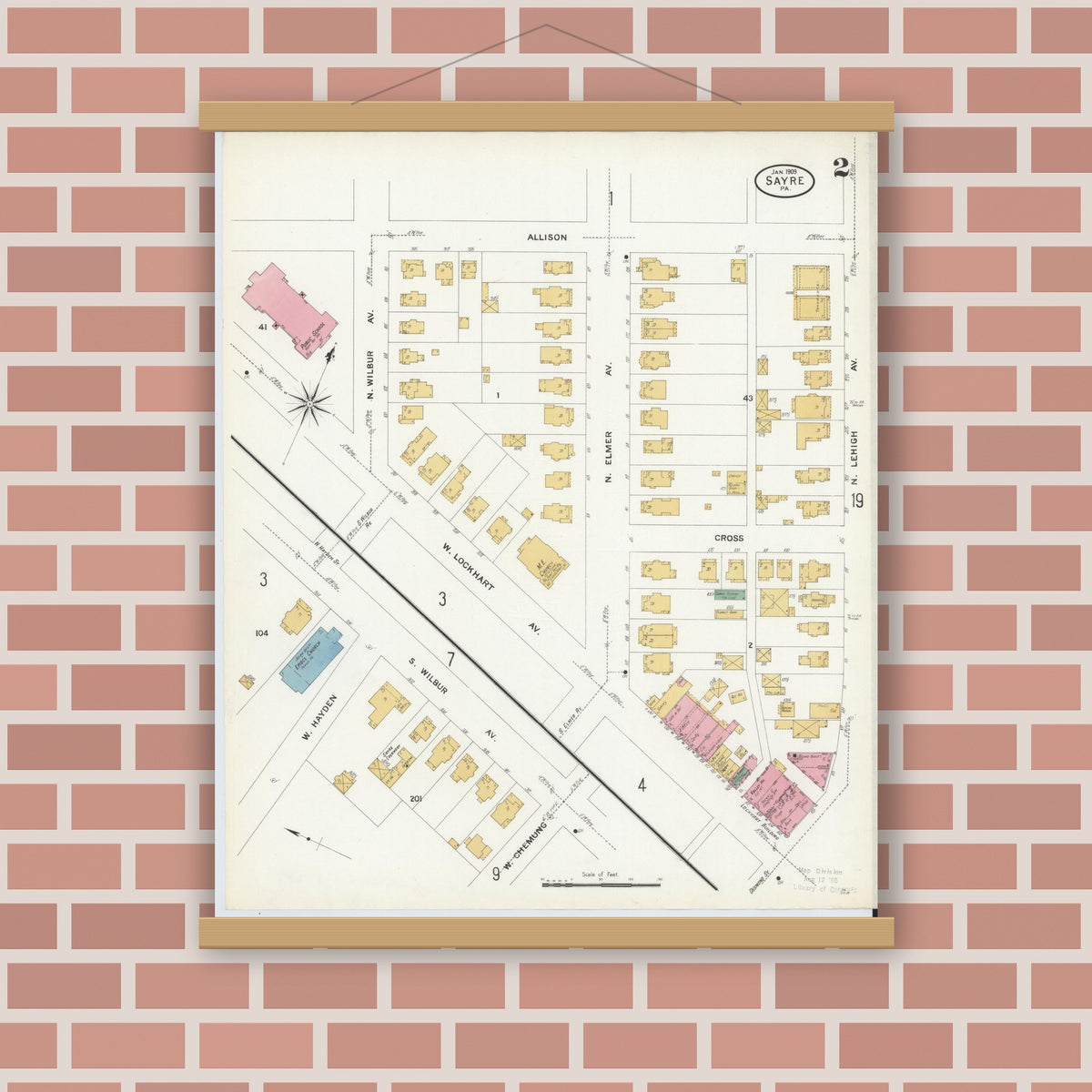Old map wall art mockup — magnetic wood frame on brick wall — Sanborn Fire Insurance Map from Sayre, Bradford County, Pennsylvania (1909), Sheet #0002
