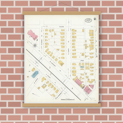 Old map wall art mockup — magnetic wood frame on brick wall — Sanborn Fire Insurance Map from Sayre, Bradford County, Pennsylvania (1909), Sheet #0002