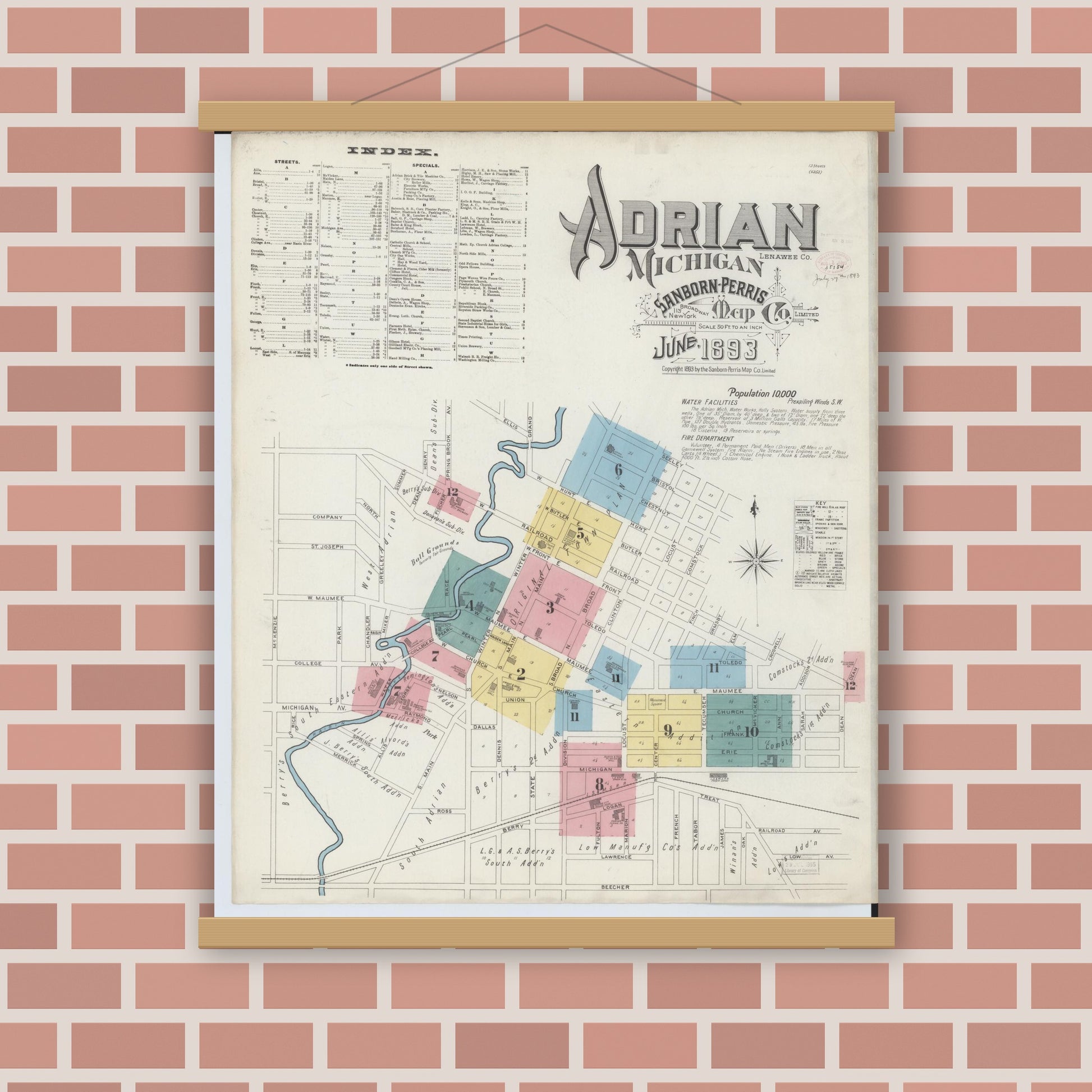 Old map wall art mockup — magnetic wood frame on brick wall — Sanborn Fire Insurance Map from Adrian, Lenawee County, Michigan (1893), Sheet #0001