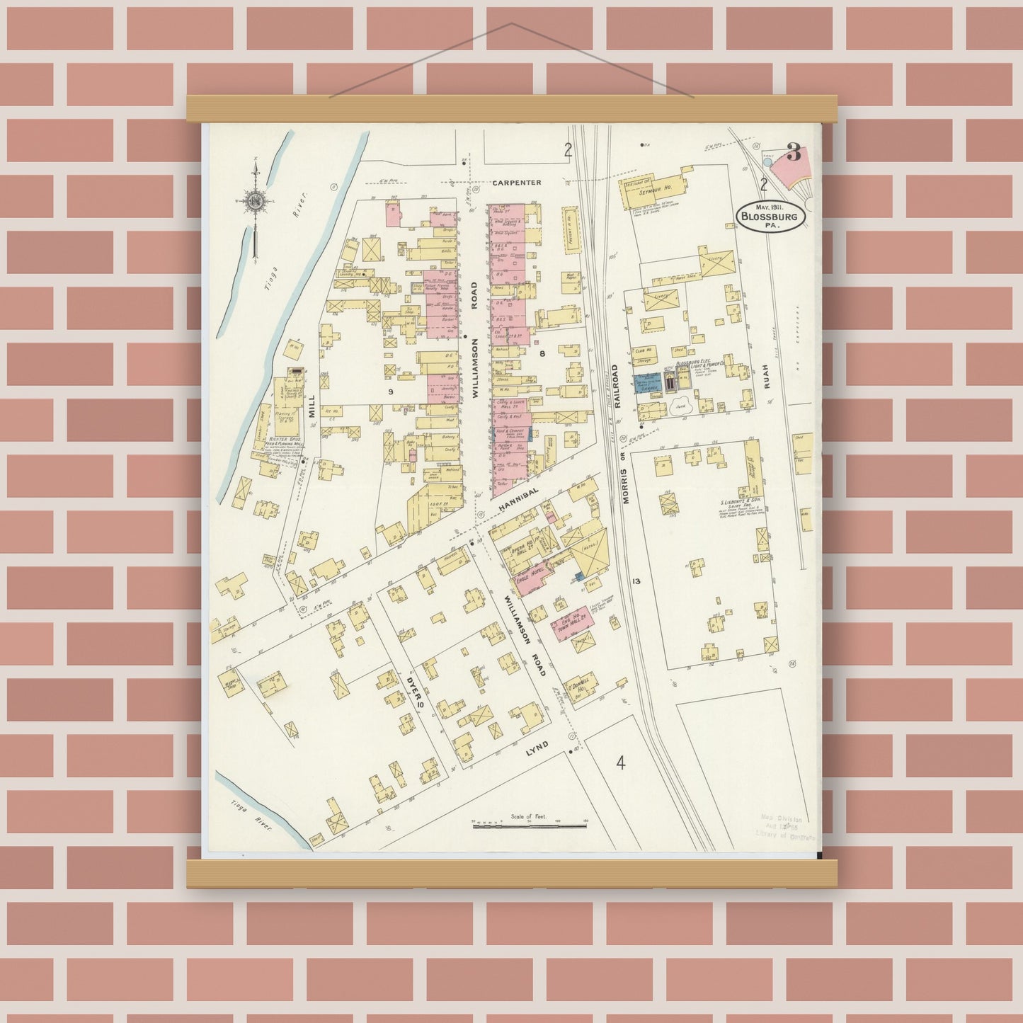 Old map wall art mockup — magnetic wood frame on brick wall — Sanborn Fire Insurance Map from Blossburg, Tioga County, Pennsylvania (1911), Sheet #0003