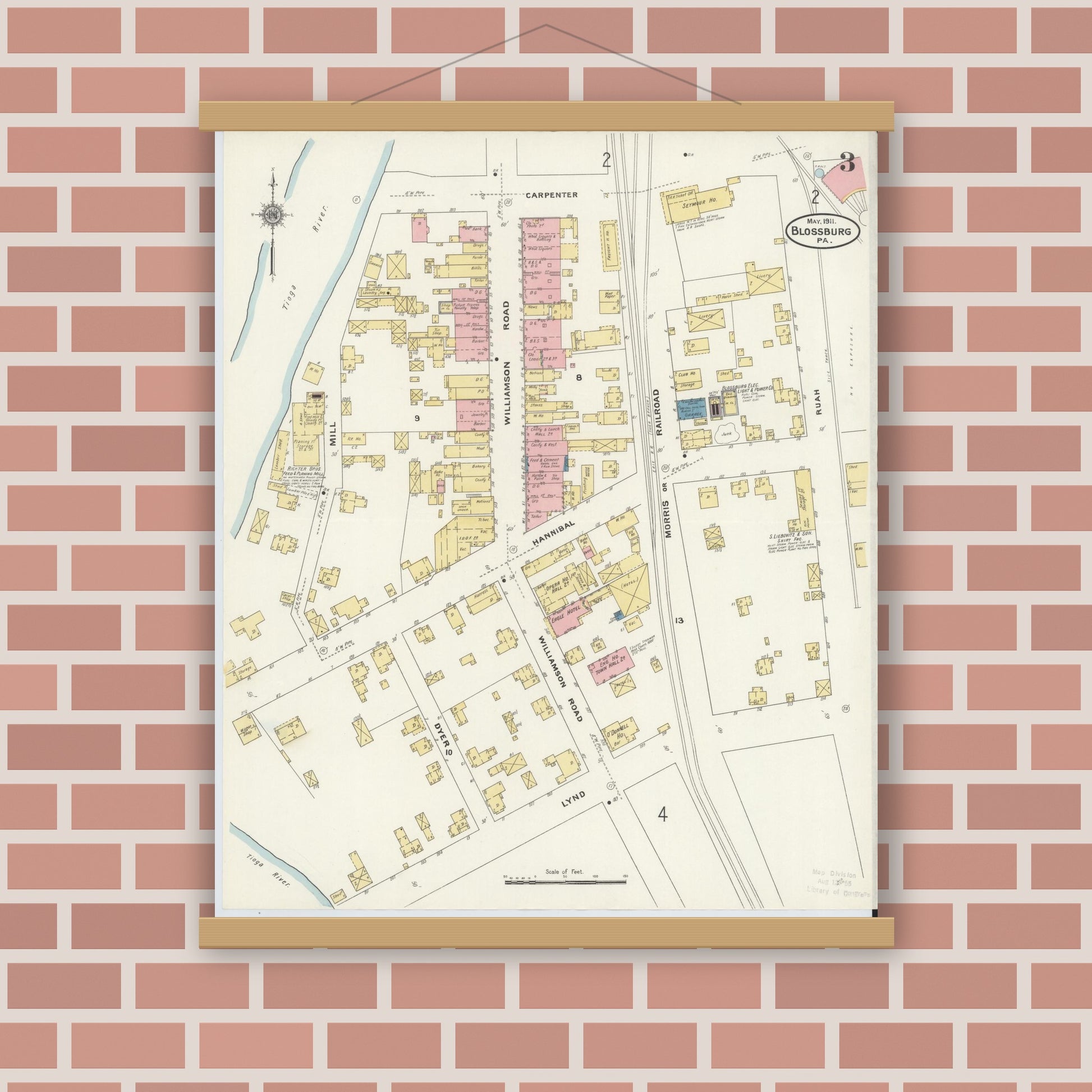 Old map wall art mockup — magnetic wood frame on brick wall — Sanborn Fire Insurance Map from Blossburg, Tioga County, Pennsylvania (1911), Sheet #0003