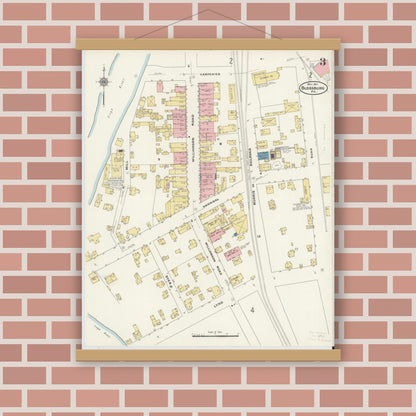 Old map wall art mockup — magnetic wood frame on brick wall — Sanborn Fire Insurance Map from Blossburg, Tioga County, Pennsylvania (1911), Sheet #0003