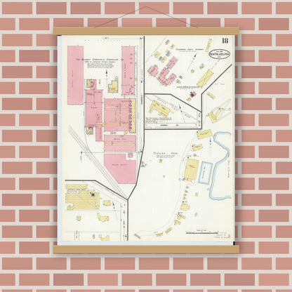 Old map wall art mockup — magnetic wood frame on brick wall — Sanborn Fire Insurance Map from New Philadelphia, Tuscarawas County, Ohio (1910), Sheet #0018
