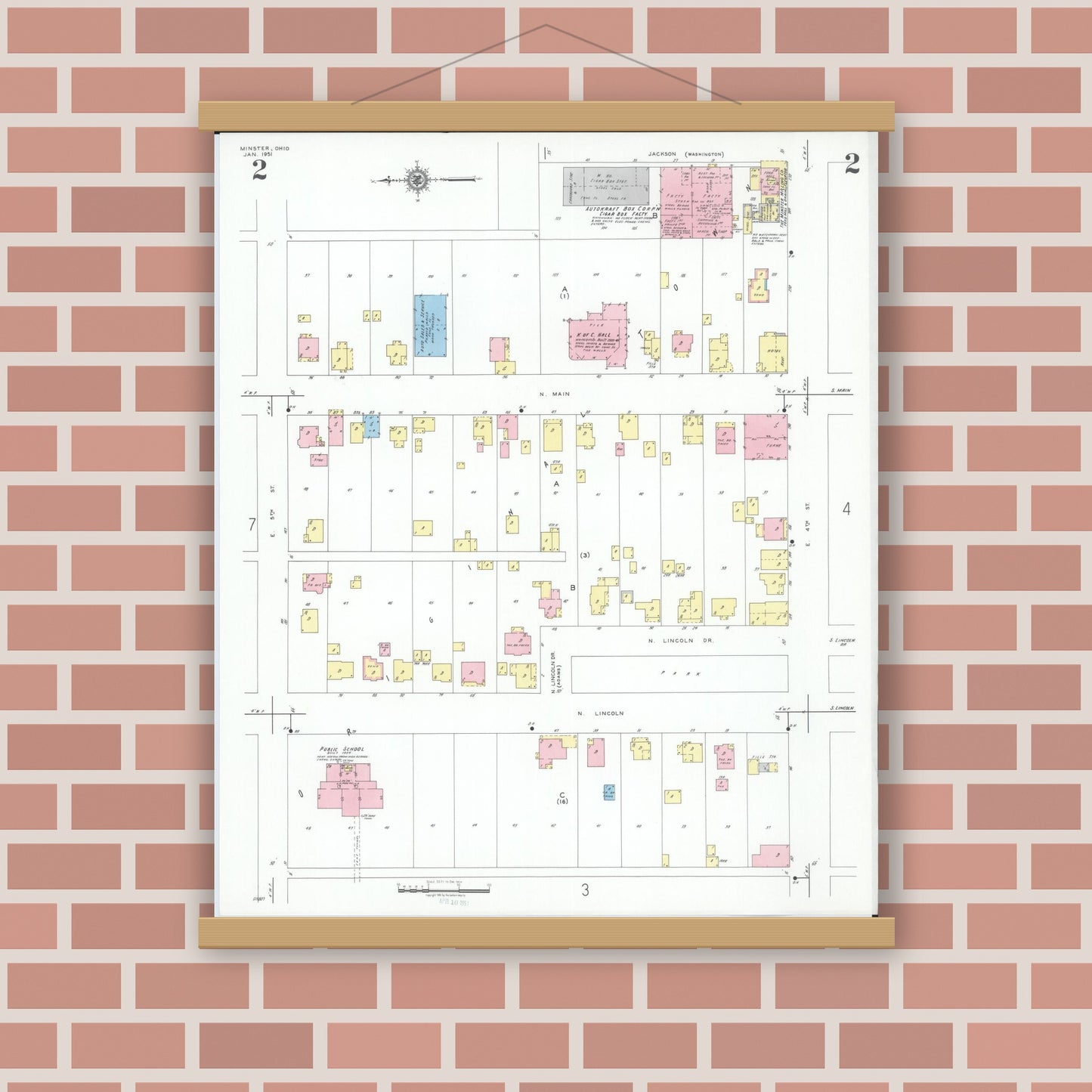 Old map wall art mockup — magnetic wood frame on brick wall — Sanborn Fire Insurance Map from Minster, Auglaize County, Ohio (1951), Sheet #0002