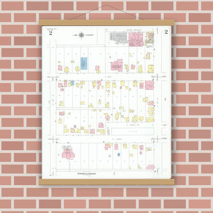 Old map wall art mockup — magnetic wood frame on brick wall — Sanborn Fire Insurance Map from Minster, Auglaize County, Ohio (1951), Sheet #0002